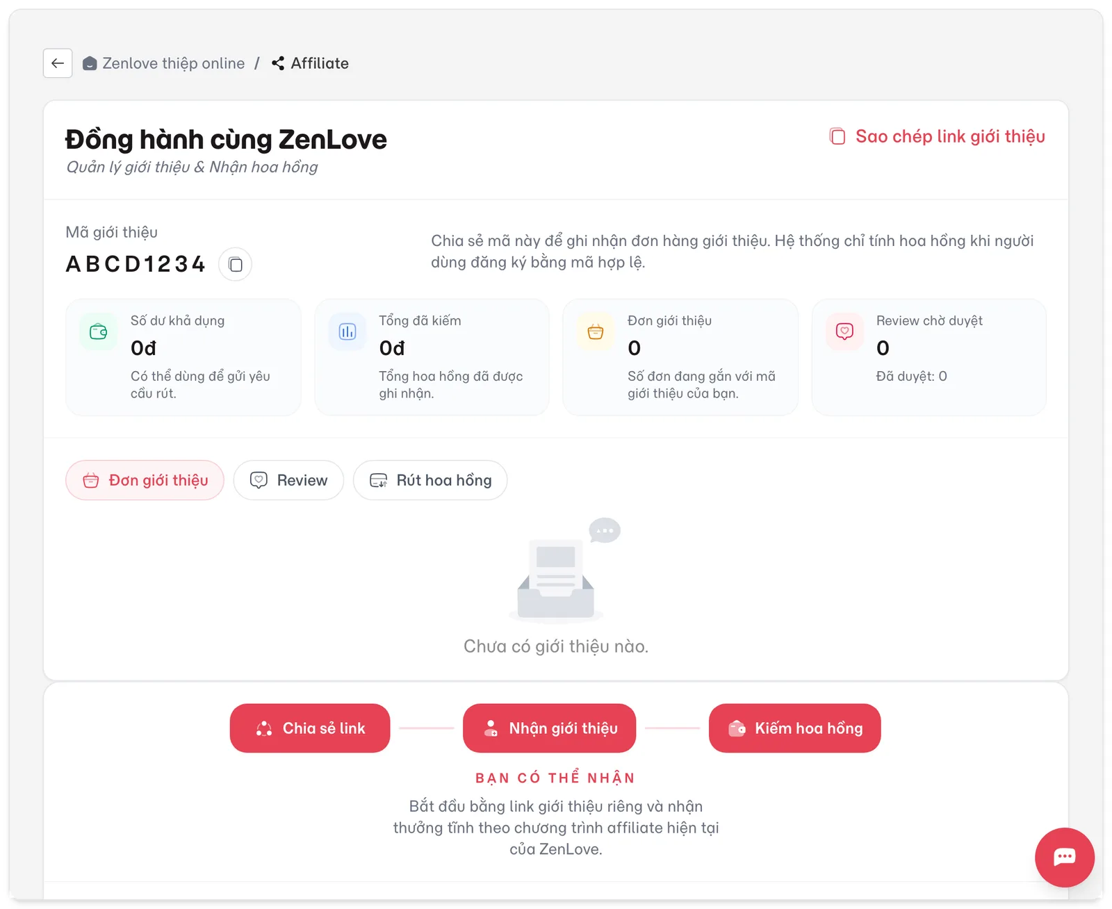 Trang Affiliate với Mã giới thiệu và số dư