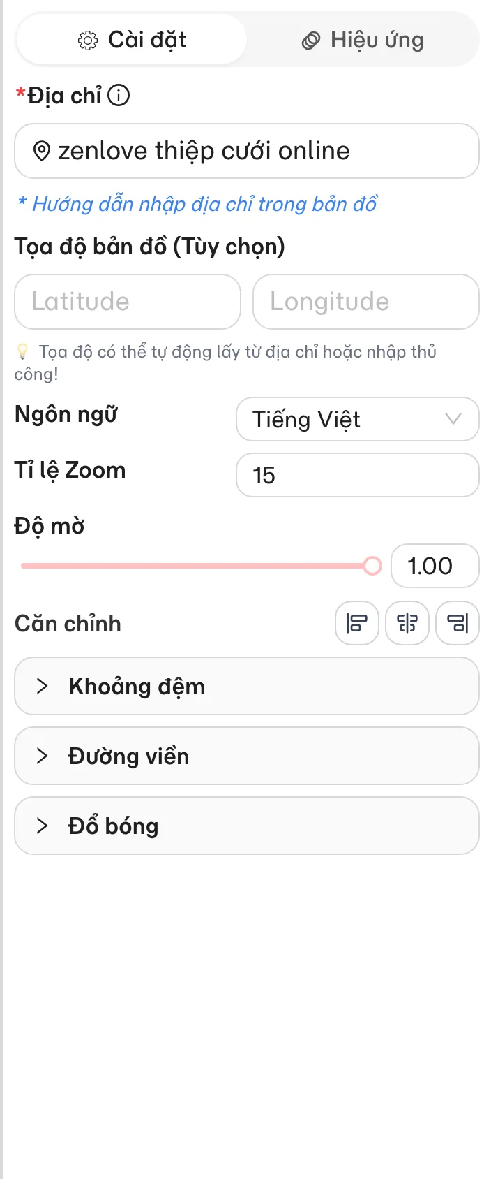 Cài đặt Bản đồ: ô Địa chỉ và Tọa độ bản đồ (Tùy chọn)