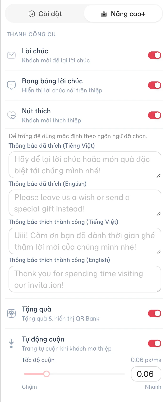 Tab Nâng cao+: Thanh công cụ với Lời chúc, Nút thích, Tặng quà, Tự động cuộn