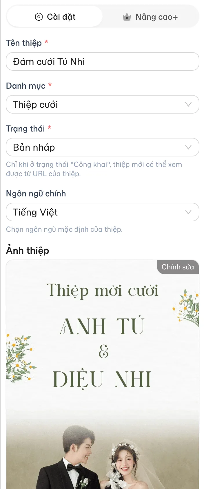 Bảng Cài đặt thiệp: Tên thiệp, Danh mục, Trạng thái, Ngôn ngữ, Ảnh thiệp