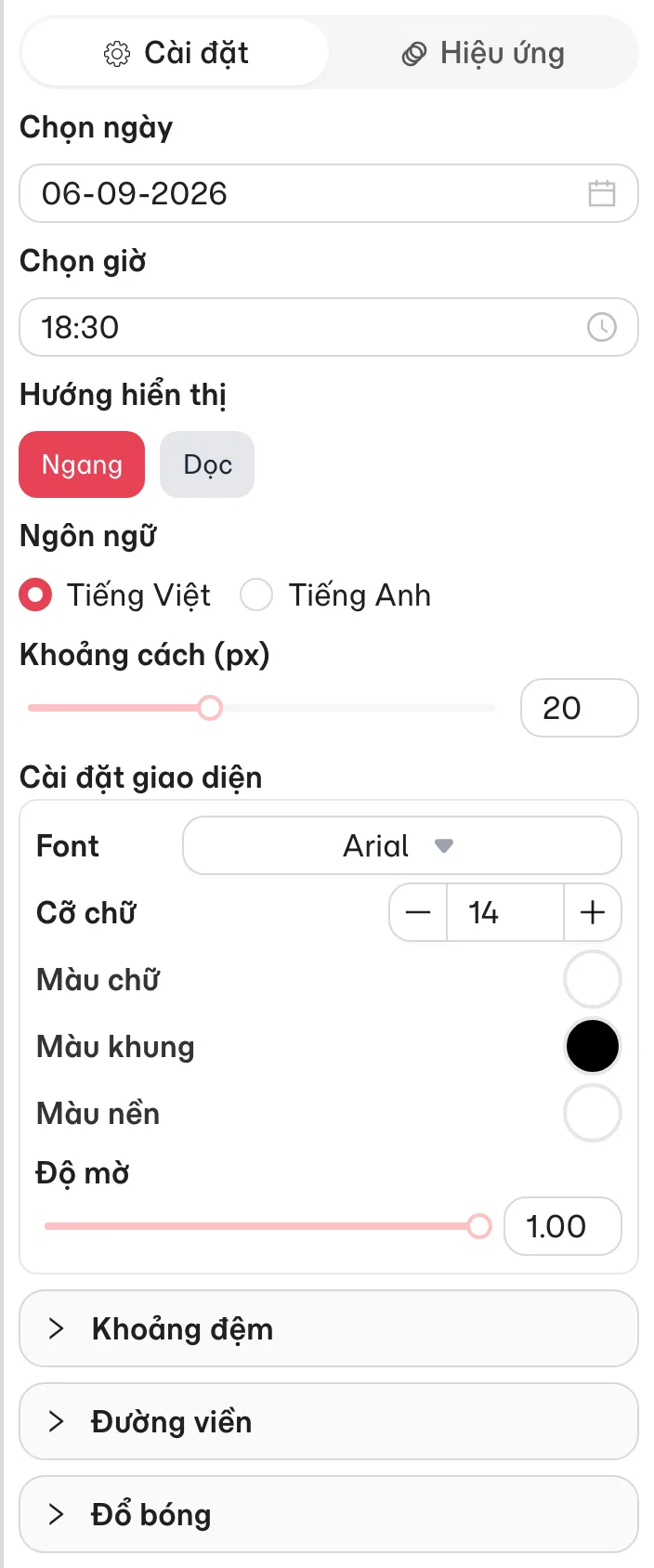 Cài đặt Đếm ngược