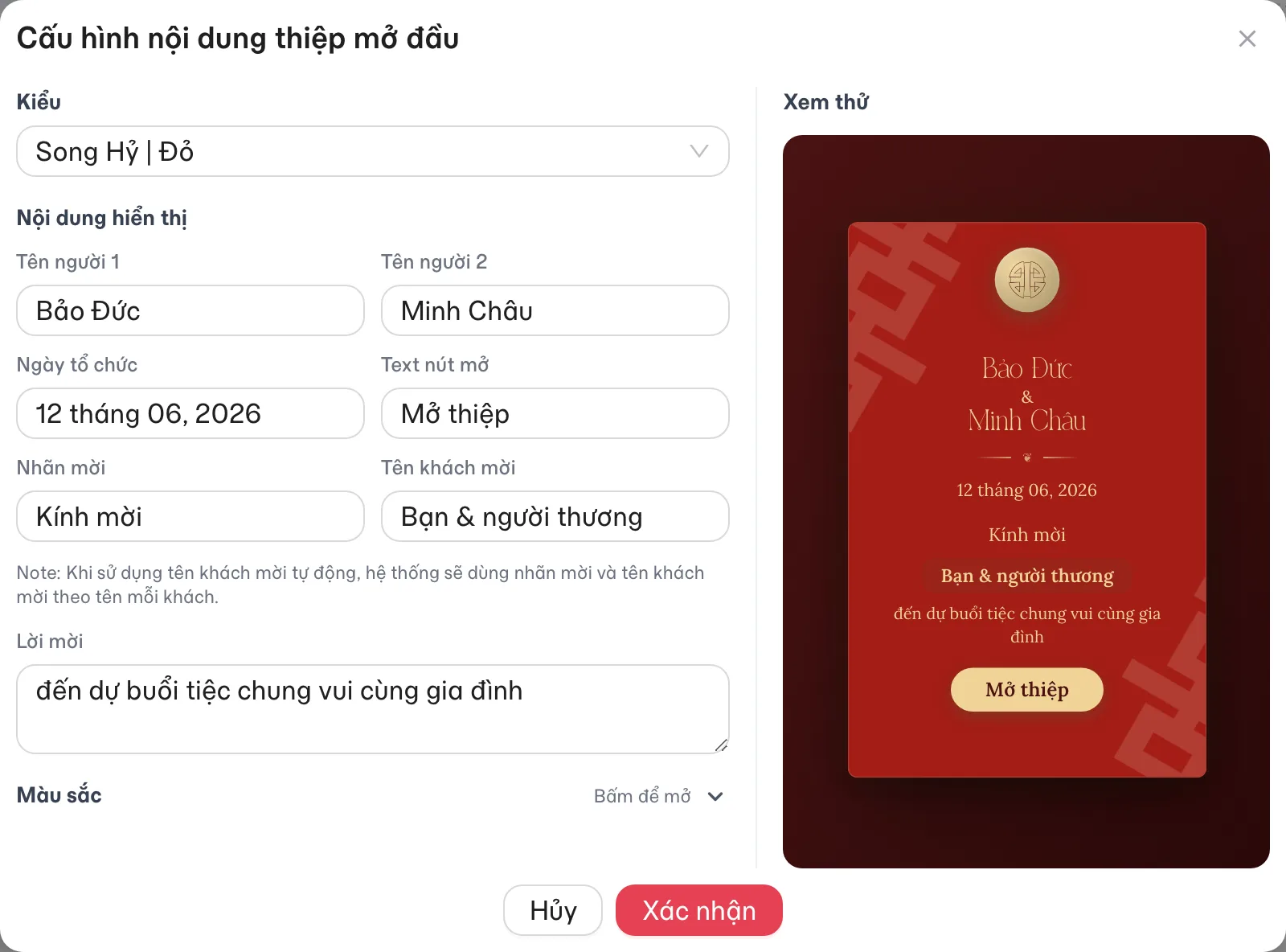 Cửa sổ cấu hình Thiệp mở đầu trang