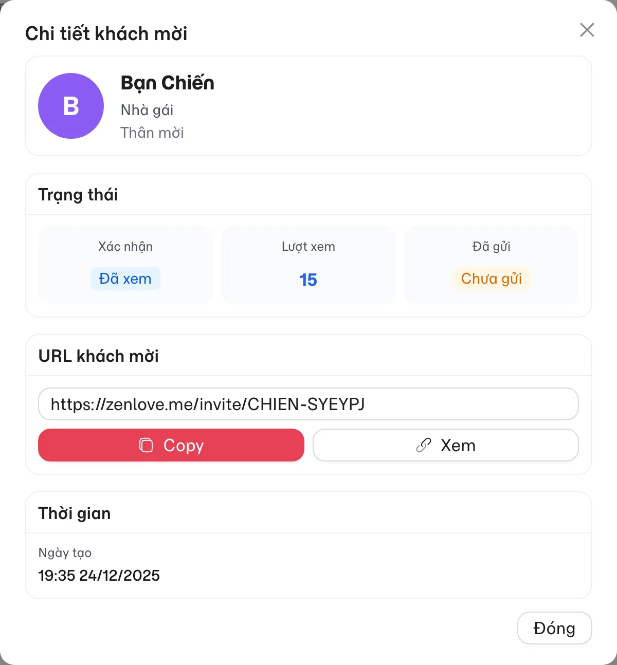 Cửa sổ Chi tiết khách mời với URL khách mời
