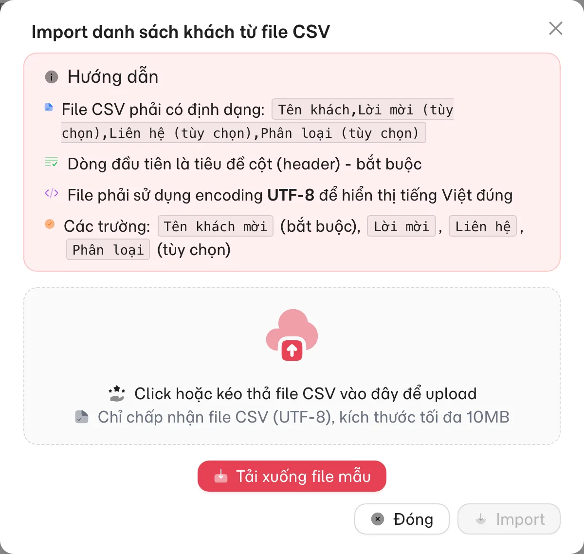 Cửa sổ Import danh sách khách từ file CSV