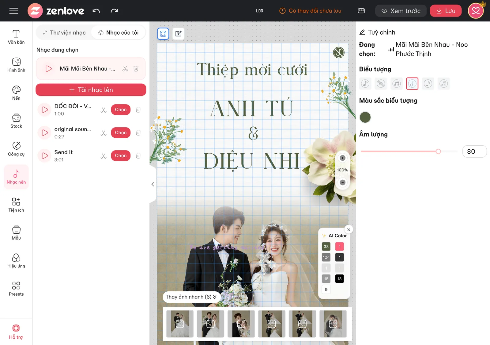 Tab Nhạc của tôi với nút Tải nhạc lên và Tùy chỉnh âm thanh