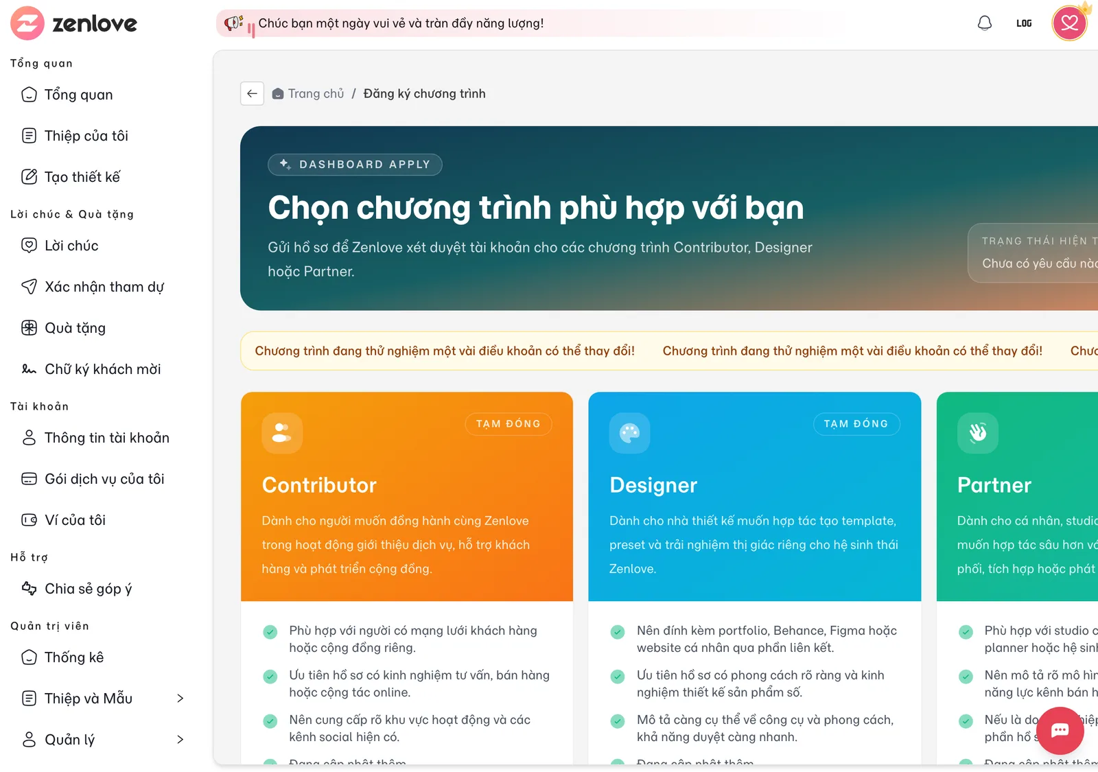 Trang Đăng ký chương trình với các chương trình Contributor, Designer, Partner