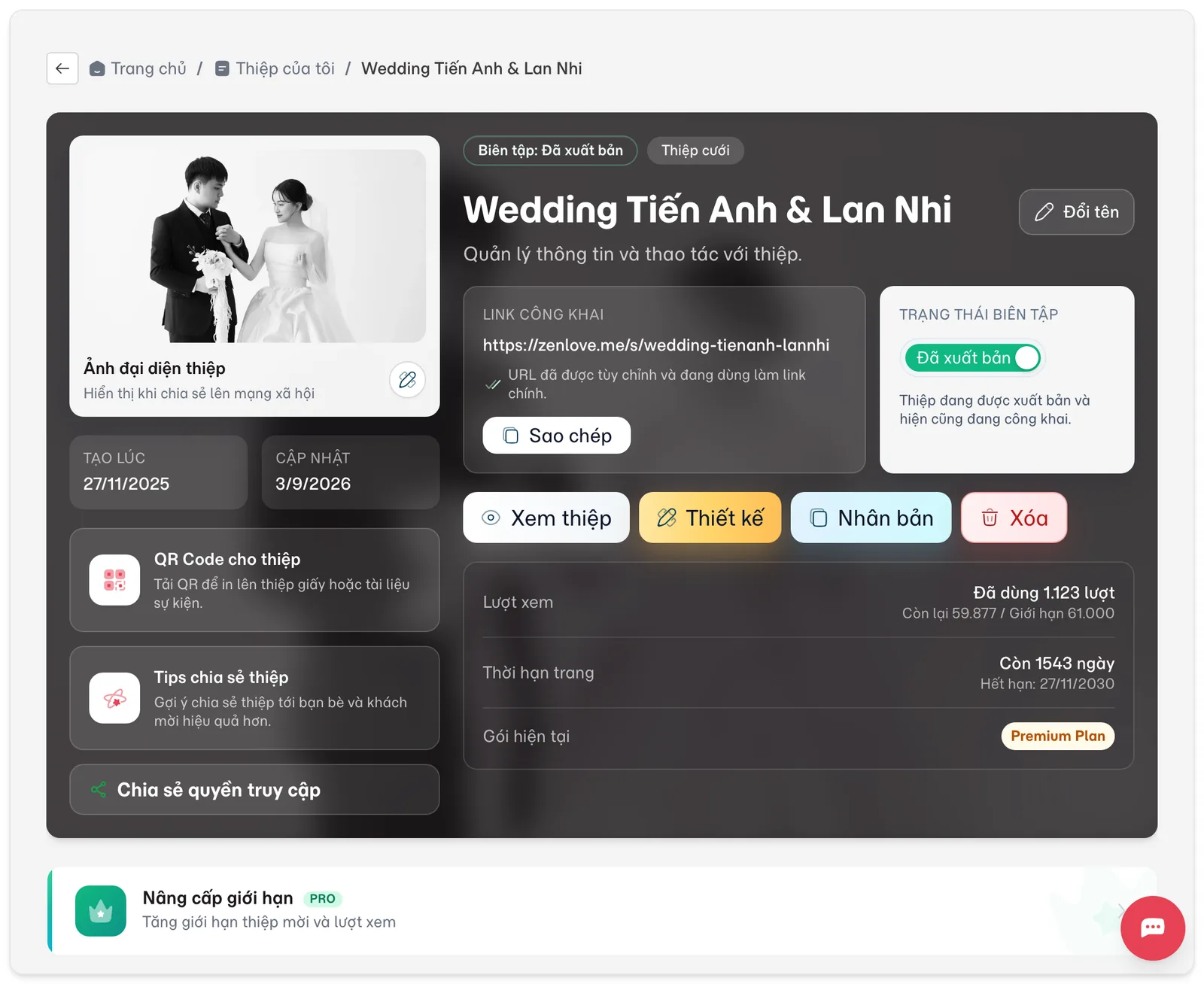 Trang chi tiết thiệp: trạng thái, link công khai, lượt xem, thời hạn