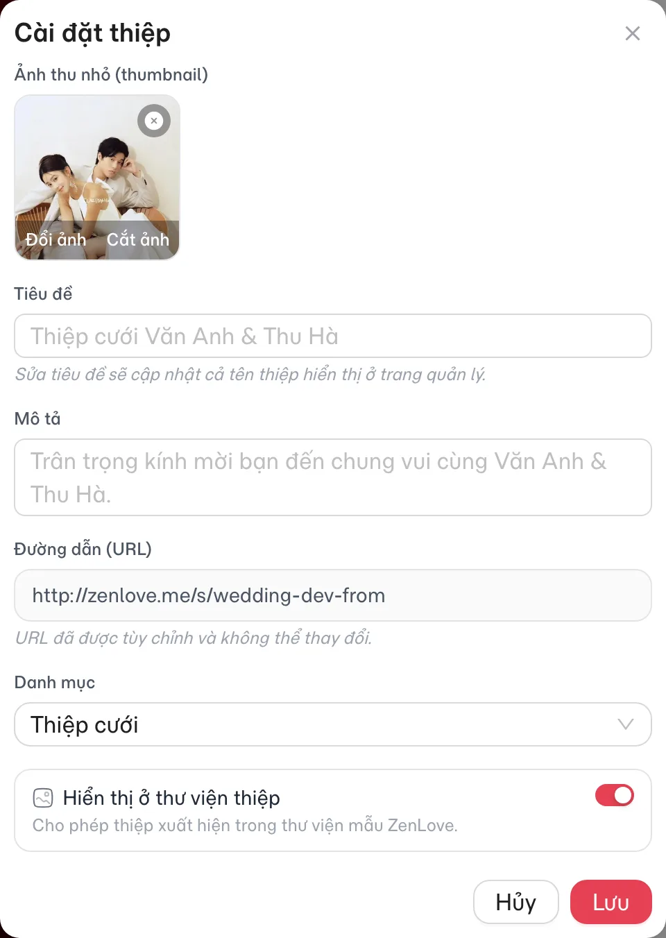 Cửa sổ Cài đặt thiệp: ảnh thu nhỏ, tiêu đề, mô tả, đường dẫn, danh mục