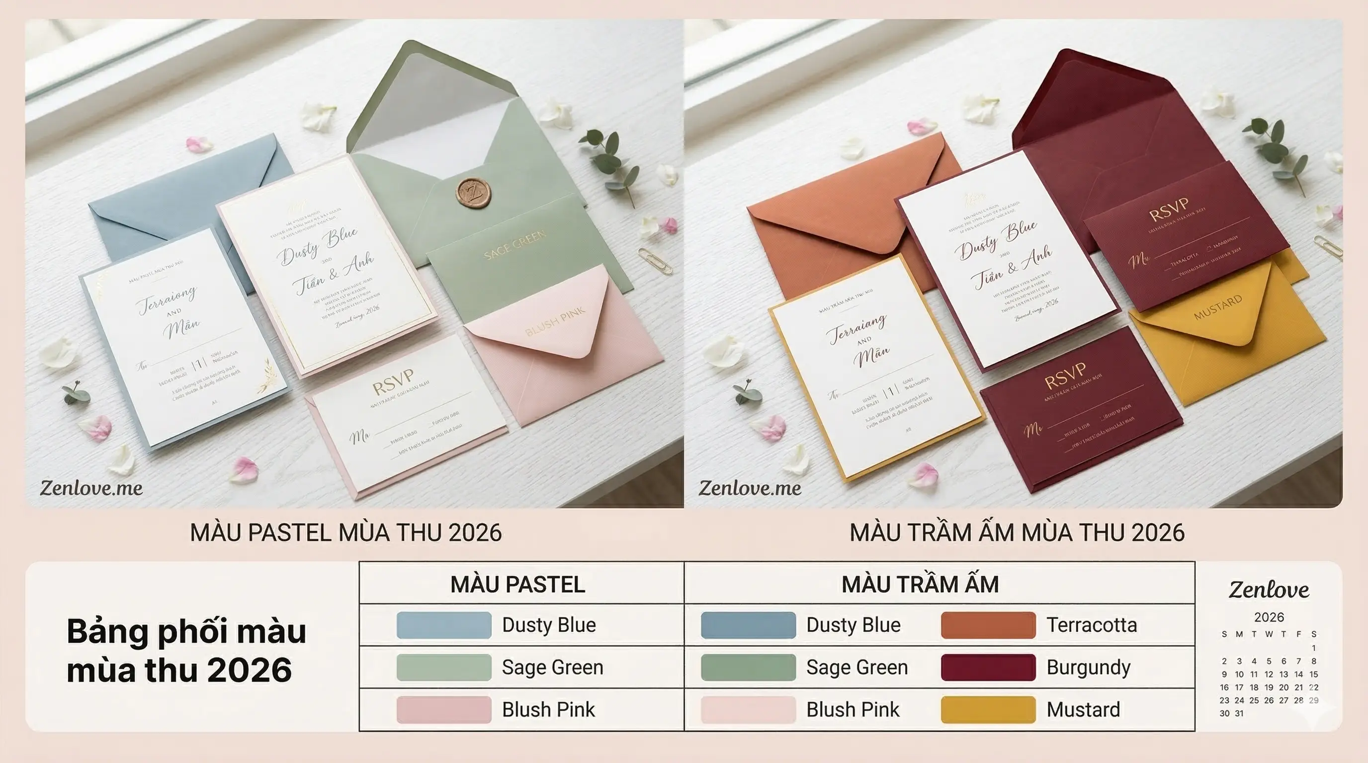 Sự Kết Hợp Màu Sắc: Xu Hướng Pastel Hay Tone Trầm Ấm Cho Thiệp Cưới Mùa Thu?