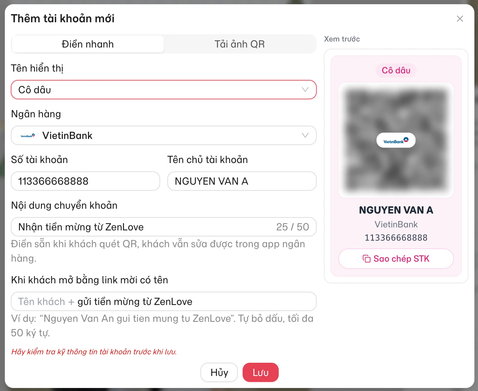 Cửa sổ Thêm tài khoản mới kiểu Điền nhanh: Tên hiển thị, Ngân hàng, Số tài khoản, Tên chủ tài khoản, Nội dung chuyển khoản và Xem trước mã QR
